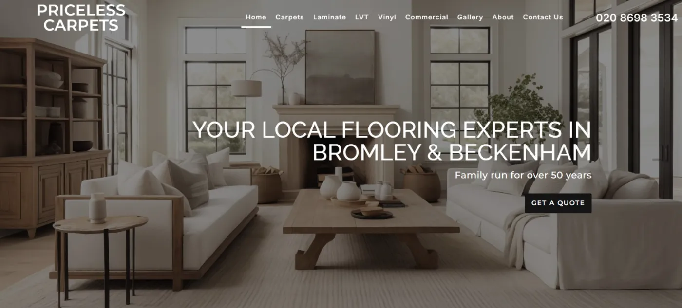 Priceless Carpets homepage on desktop
