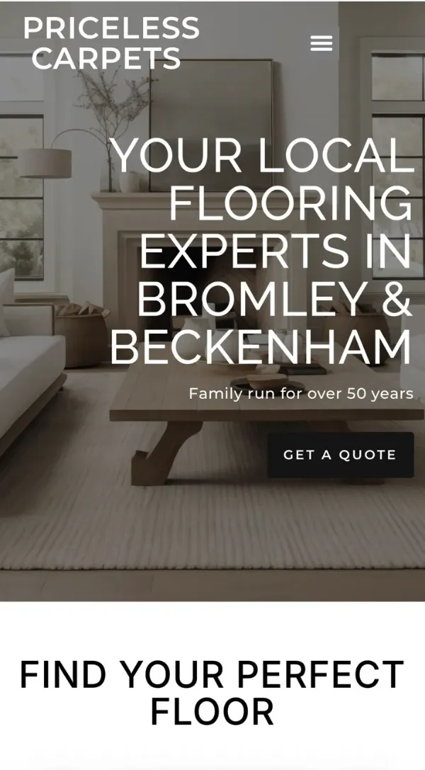 Priceless Carpets homepage on mobile